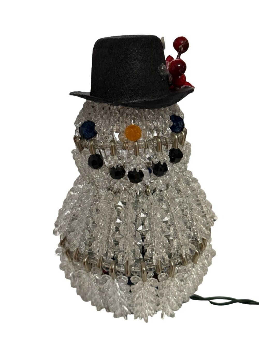 Vintage Style Lighted Beaded Snowman Christmas Decoration Black Top Hat 8 Inch
